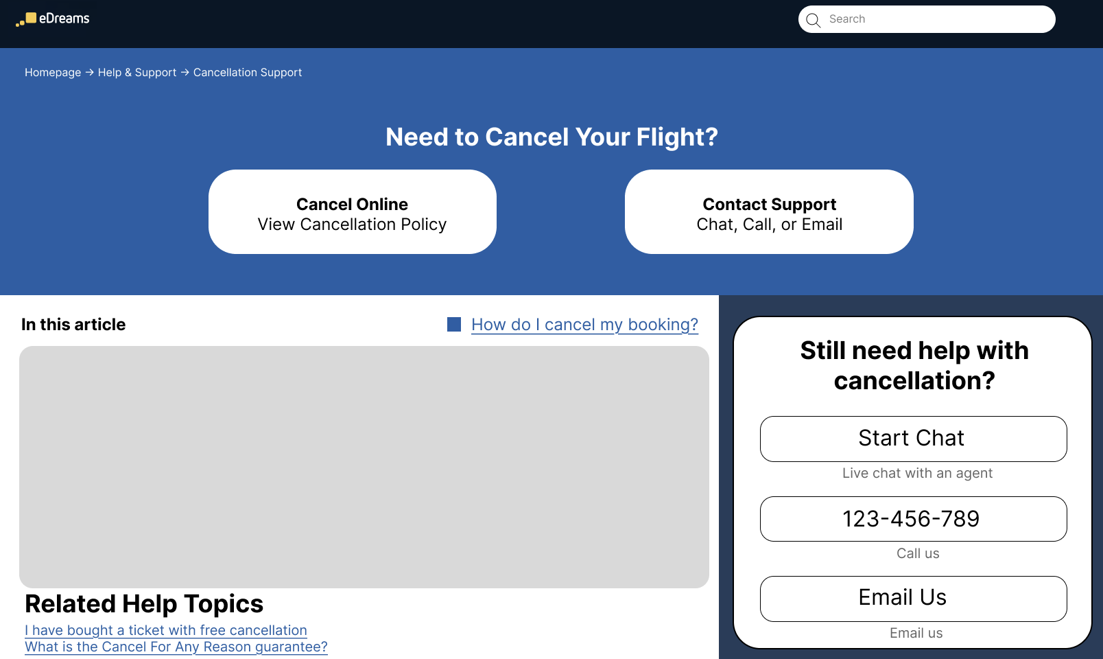 Final UI concept for eDreams cancellation support page.
