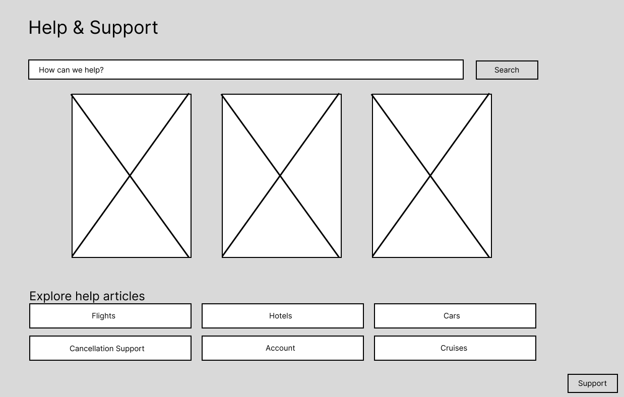 Wireframes showing tweaked homepage, help page, and cancellation support page.